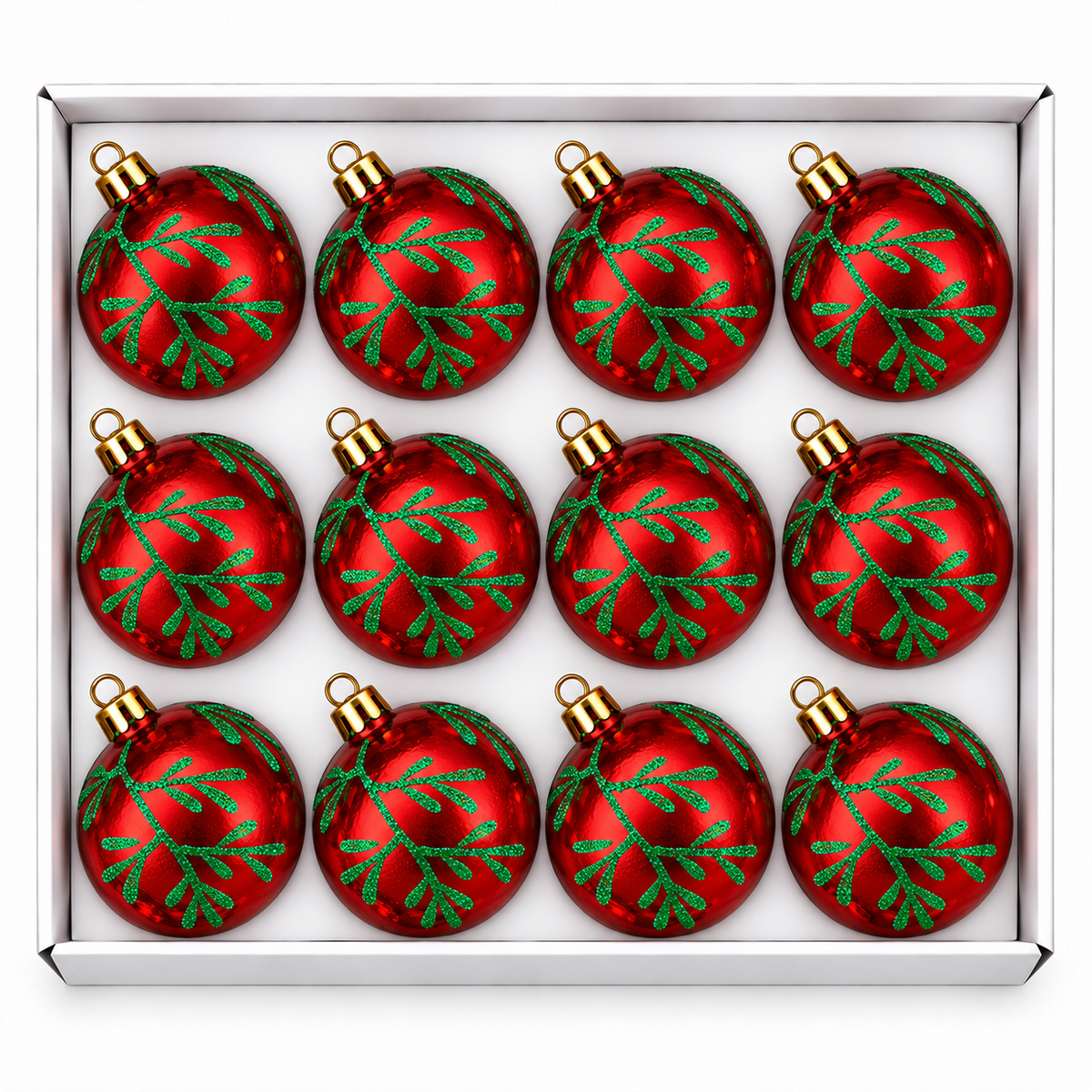 Set 12 Palline di Natale Infrangibile Rossa Lucida con Rami e Foglie 8cm/10cm – palline di Natale infrangibili Merry Worlds