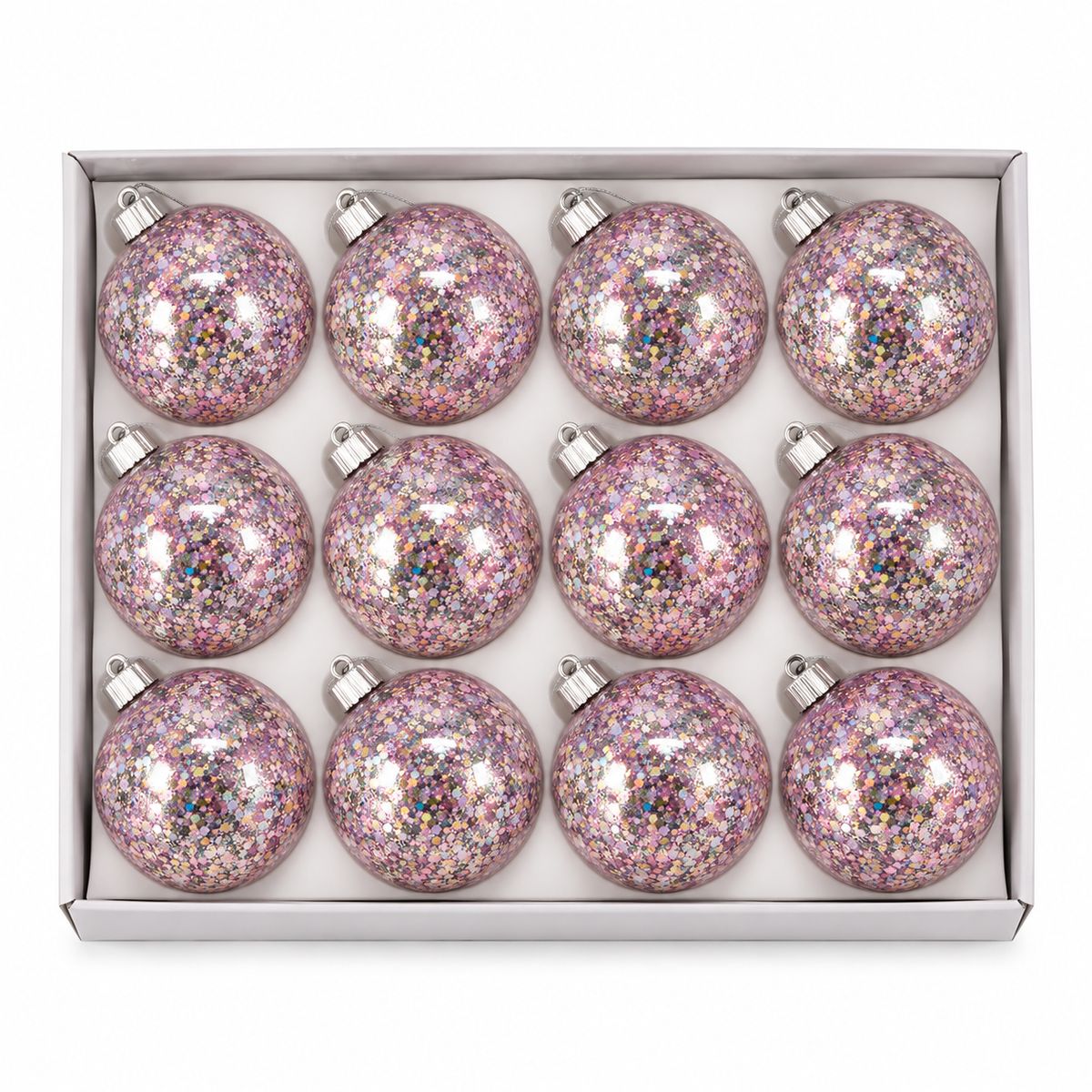 Set 12 Palline di Natale Infrangibile Trasparente con Glitter e Coriandoli Rosa 8cm/10cm – palline di Natale infrangibili Merry Worlds