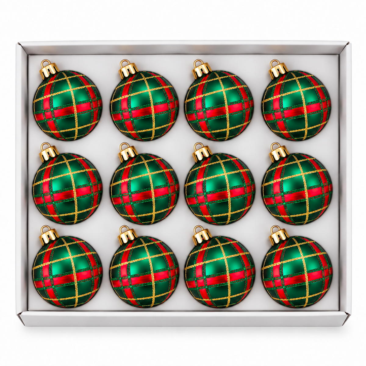 Set 12 Palline di Natale Infrangibile Verde Opaca con Decoro Tartan 8cm/10cm – palline di Natale infrangibili Merry Worlds