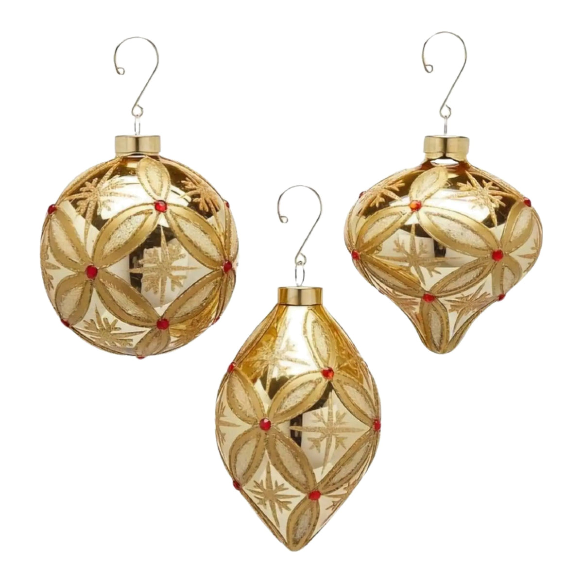 Set di 3 decorazioni in vetro con rubini, collezione Luxe, oro – decorazioni per albero di Natale Merry Worlds, foto 2