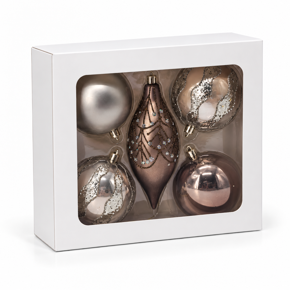 Set 5 Palline di Natale Infrangibili, 8 cm, colore Rame e Oro Champagne – decorazioni per albero di Natale Merry Worlds, foto 2