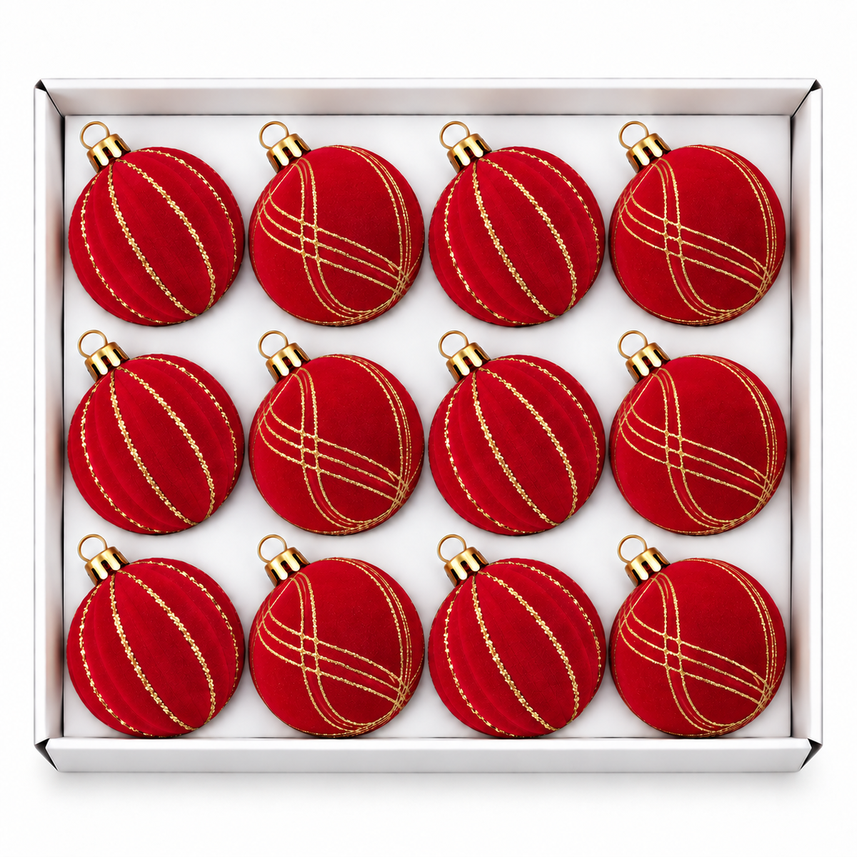 Set 12 palline di Natale infrangibili rosse vellutate con righe glitter oro, 8 cm – palline di Natale infrangibili Merry Worlds