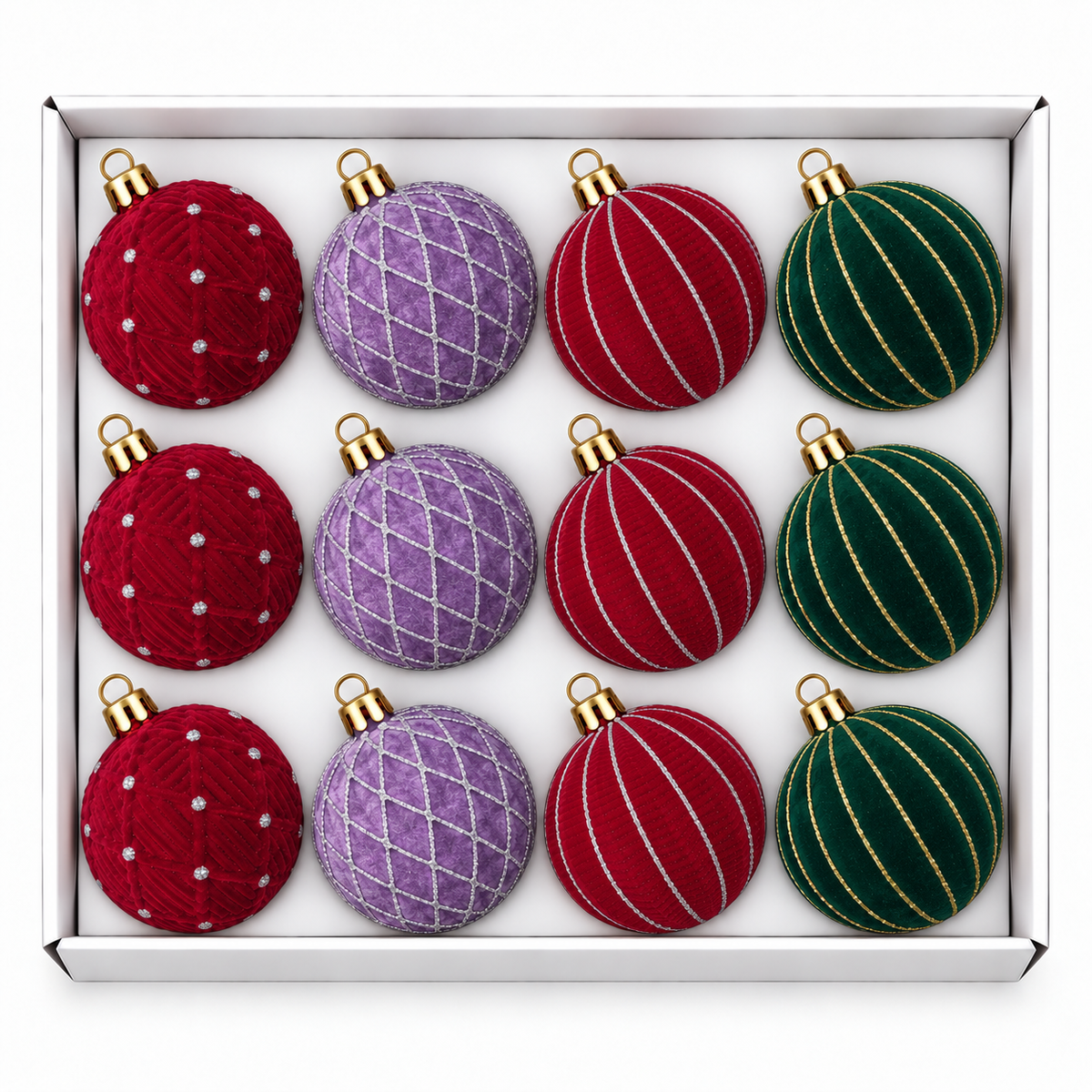 Set 12 palline di Natale in velluto con decoro argento, 8 cm – palline di Natale infrangibili Merry Worlds