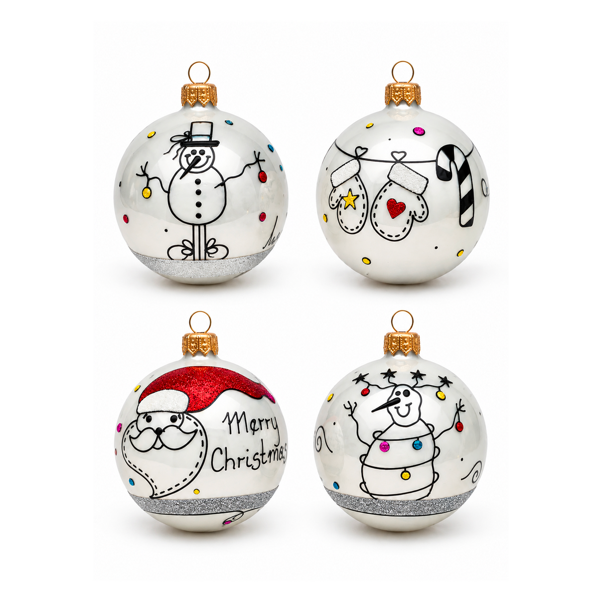 Set 4 palline di Natale in vetro bianco 8 cm, decori invernali, pupazzo di neve – palline di Natale in vetro Merry Worlds