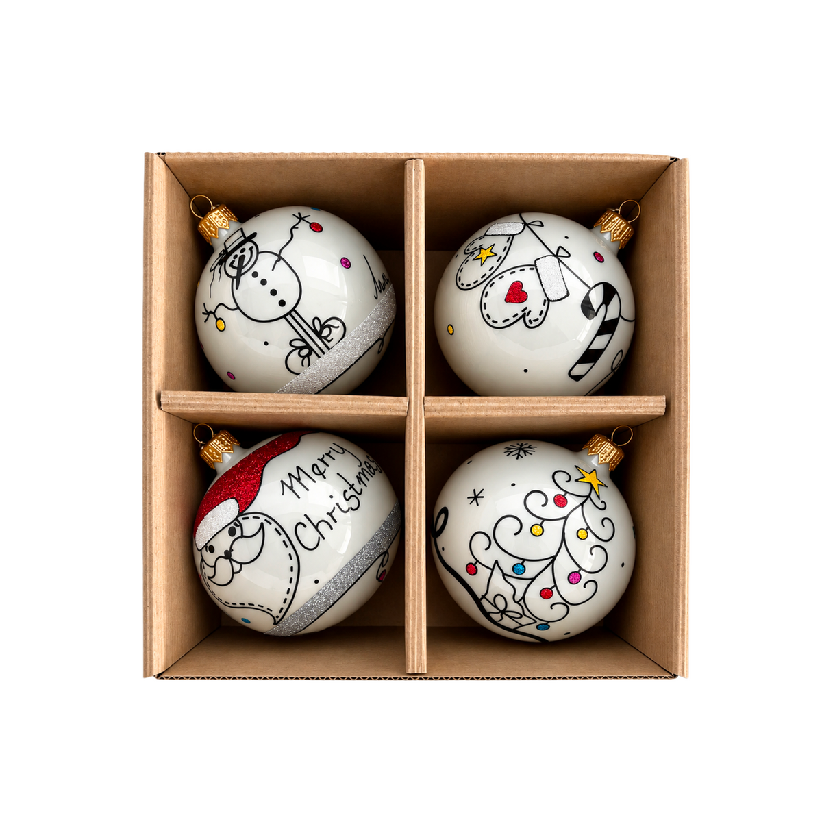 Set 4 palline di Natale in vetro bianco 8 cm, decori invernali, albero di Natale – ornamenti natalizi Merry Worlds, foto 4