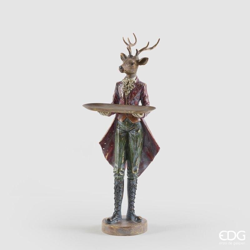 Statua natalizia cervo maggiordomo in livrea verde e rossa con vassoio dorato, 60 cm