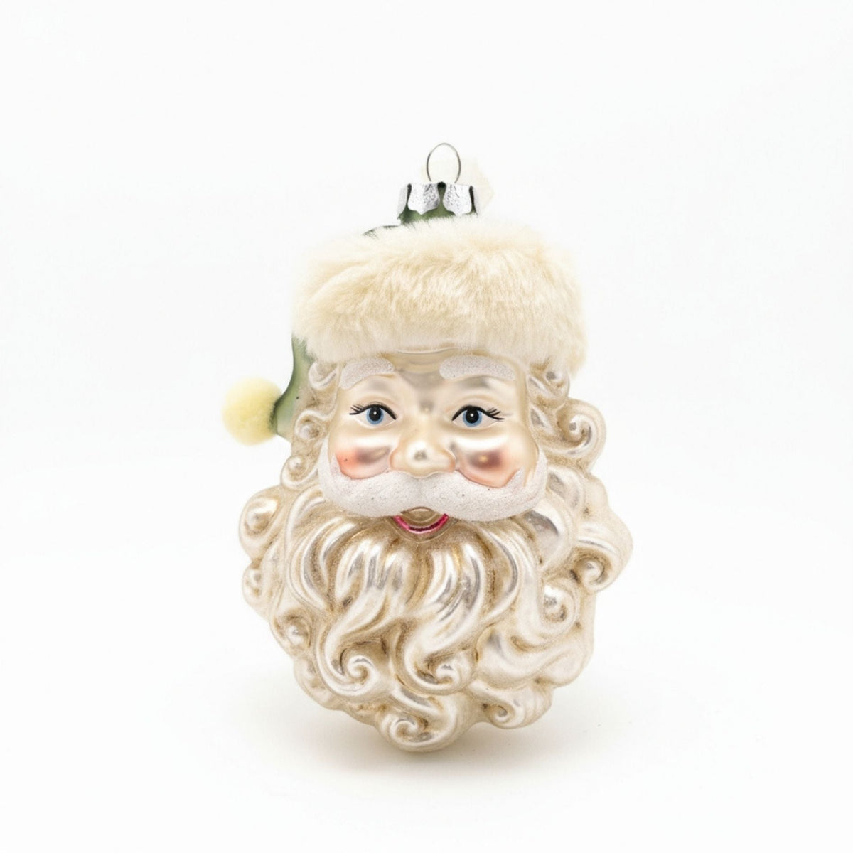 Testa di Babbo Natale con cappello verde e pelliccia in vetro, 12 cm – ornamenti natalizi Merry Worlds