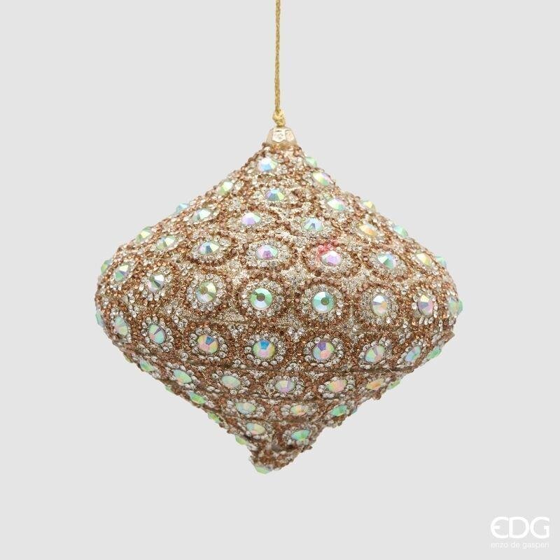 Trottola natalizia in vetro Top Jewel con strass iridescenti su base champagne e oro, 10 cm